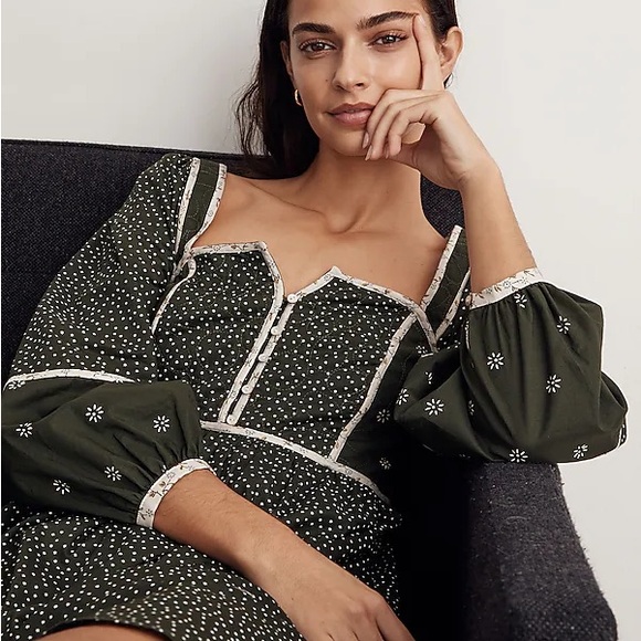 Madewell Floral Mix Square Neck Mini Dress Dark Forest Green 2 - Picture 2 of 13